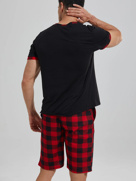 Mens Pajama Sets Short Sleeve Plaid Pajamas for Men Pjs Set Soft Lounge Sleepwear Pj Pants with Pockets Drawstring Shorts Shirts