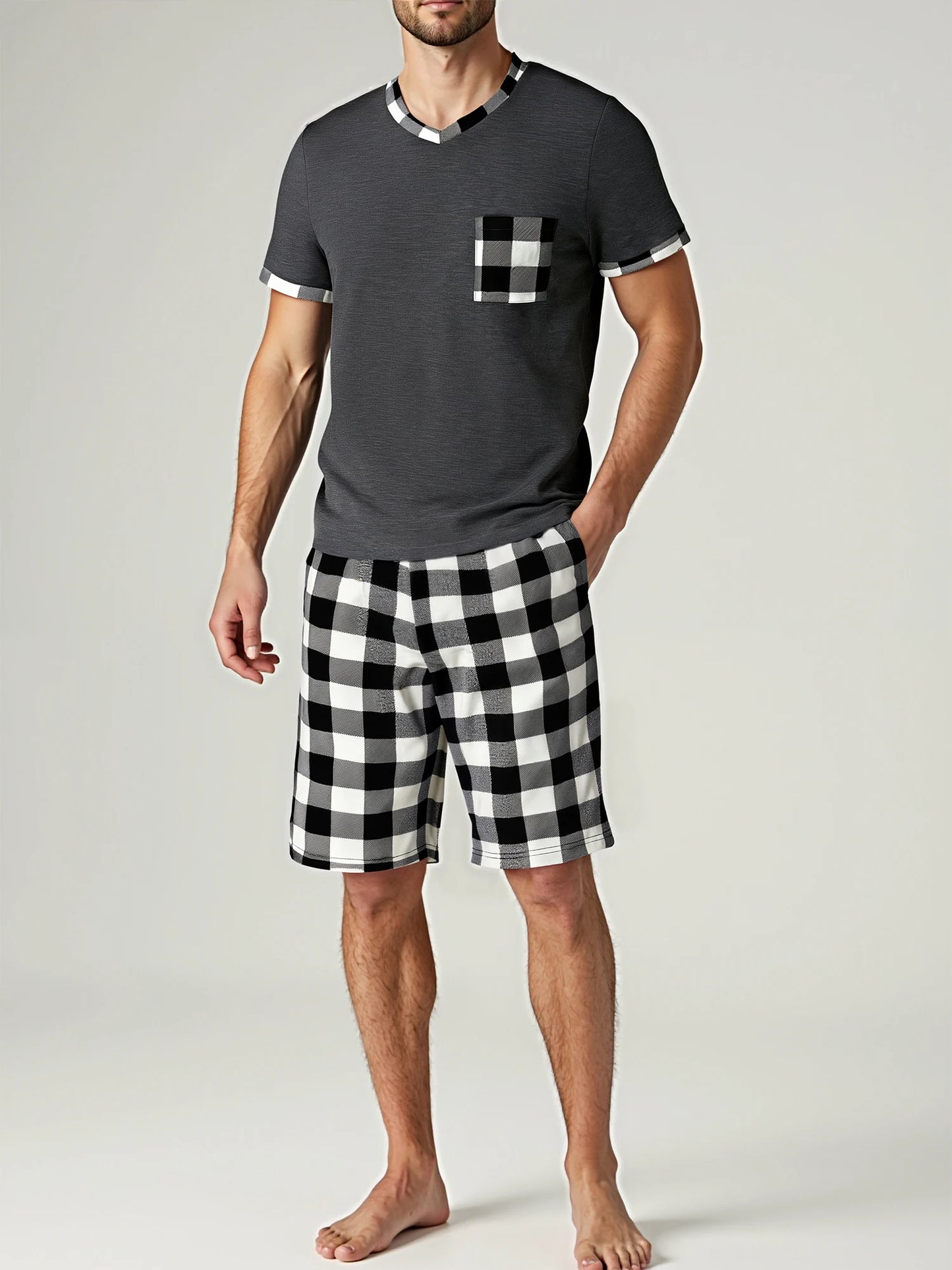 Mens Pajama Sets Short Sleeve Plaid Pajamas for Men Pjs Set Soft Lounge Sleepwear Pj Pants with Pockets Drawstring Shorts Shirts