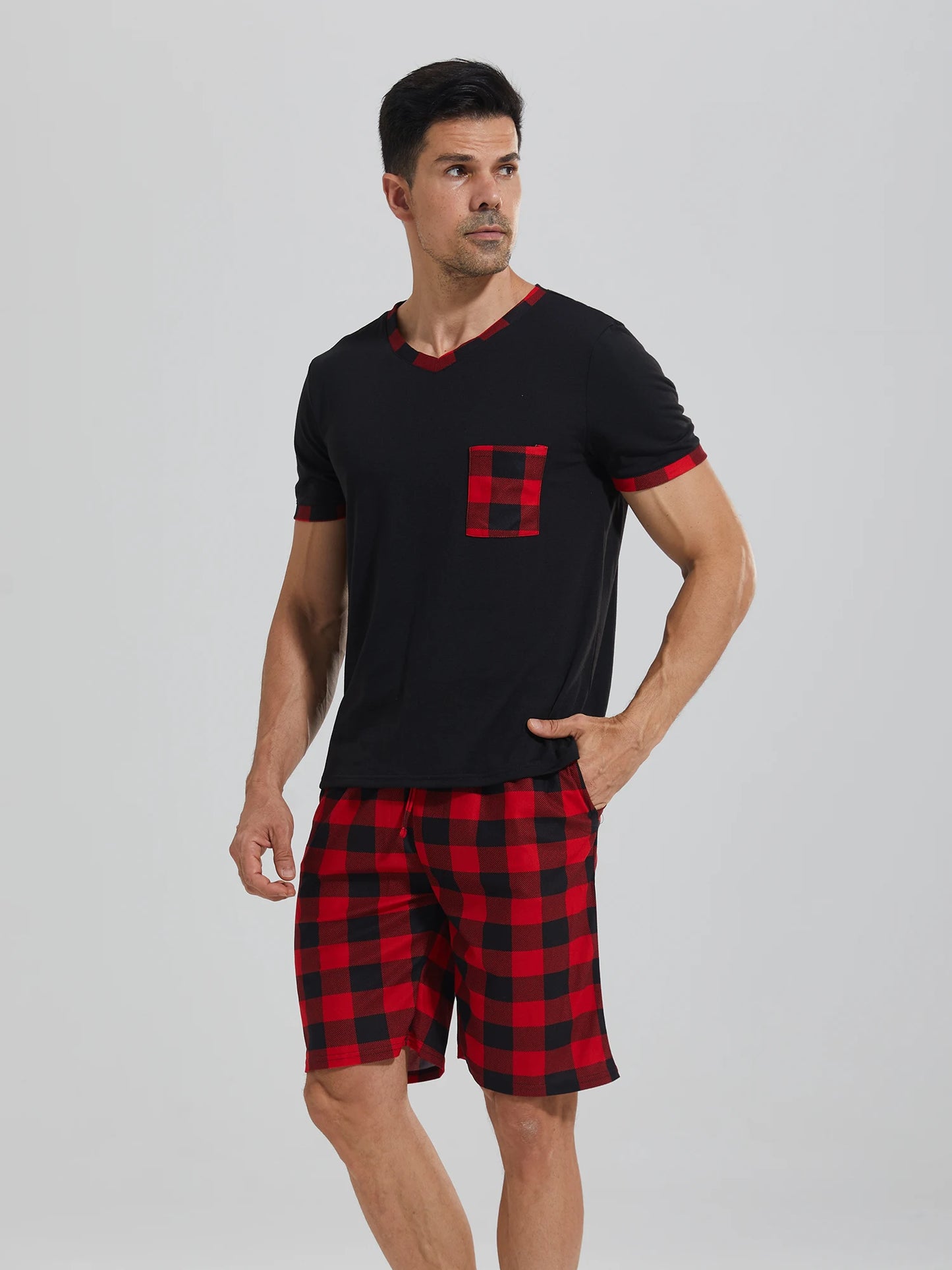 Mens Pajama Sets Short Sleeve Plaid Pajamas for Men Pjs Set Soft Lounge Sleepwear Pj Pants with Pockets Drawstring Shorts Shirts