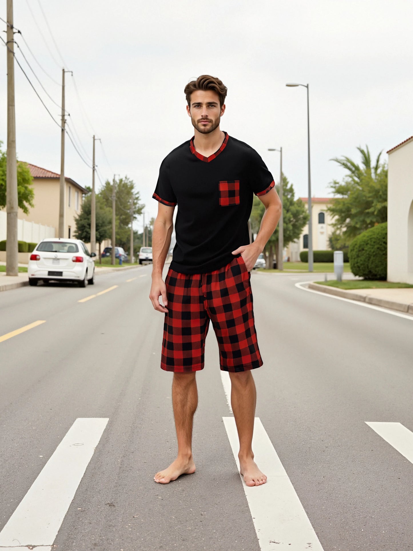 Mens Pajama Sets Short Sleeve Plaid Pajamas for Men Pjs Set Soft Lounge Sleepwear Pj Pants with Pockets Drawstring Shorts Shirts