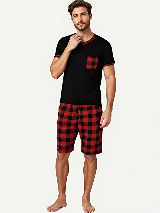 Mens Pajama Sets Short Sleeve Plaid Pajamas for Men Pjs Set Soft Lounge Sleepwear Pj Pants with Pockets Drawstring Shorts Shirts