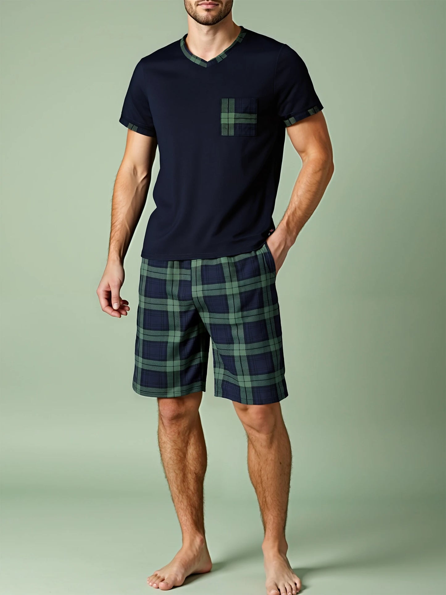 Mens Pajama Sets Short Sleeve Plaid Pajamas for Men Pjs Set Soft Lounge Sleepwear Pj Pants with Pockets Drawstring Shorts Shirts