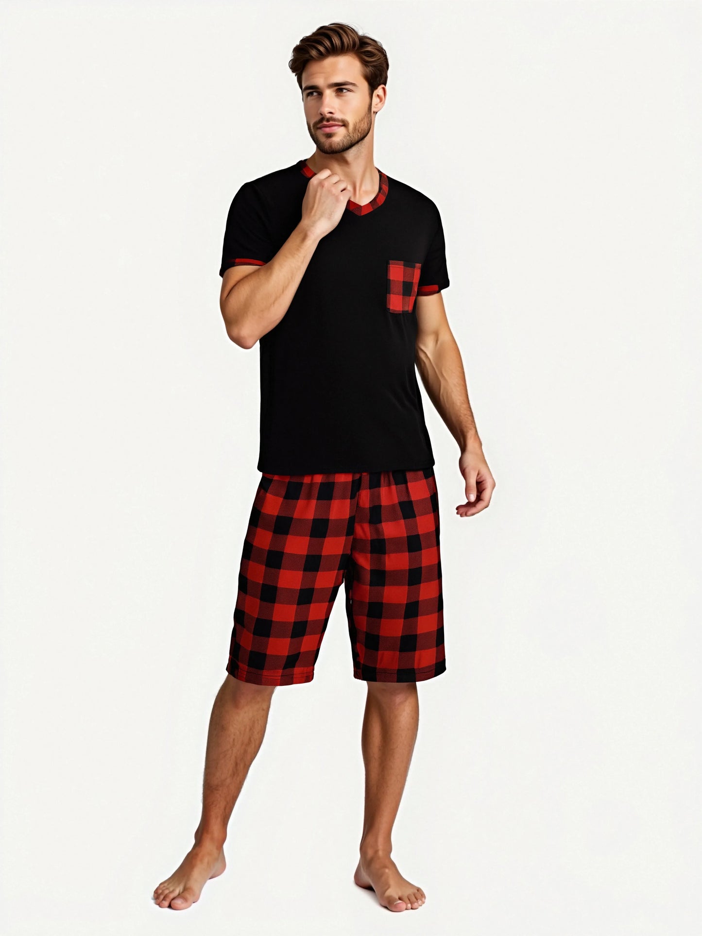 Mens Pajama Sets Short Sleeve Plaid Pajamas for Men Pjs Set Soft Lounge Sleepwear Pj Pants with Pockets Drawstring Shorts Shirts