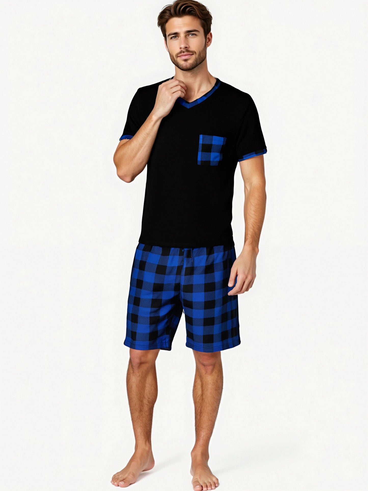 Mens Pajama Sets Short Sleeve Plaid Pajamas for Men Pjs Set Soft Lounge Sleepwear Pj Pants with Pockets Drawstring Shorts Shirts