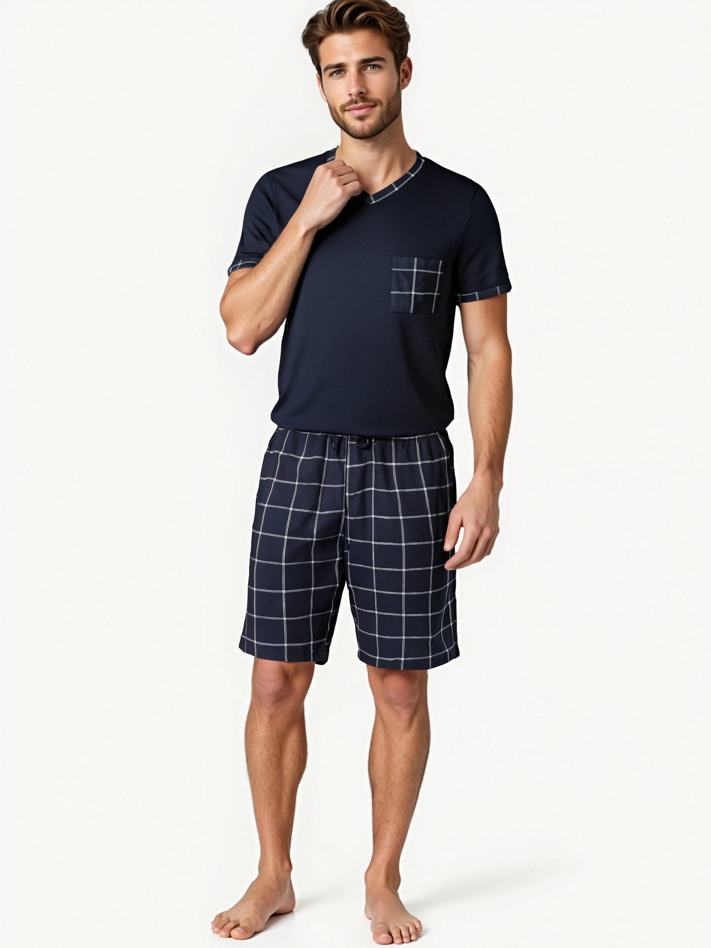 Mens Pajama Sets Short Sleeve Plaid Pajamas for Men Pjs Set Soft Lounge Sleepwear Pj Pants with Pockets Drawstring Shorts Shirts